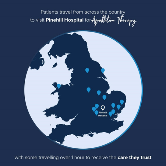 UK map showing dots where patients travelled