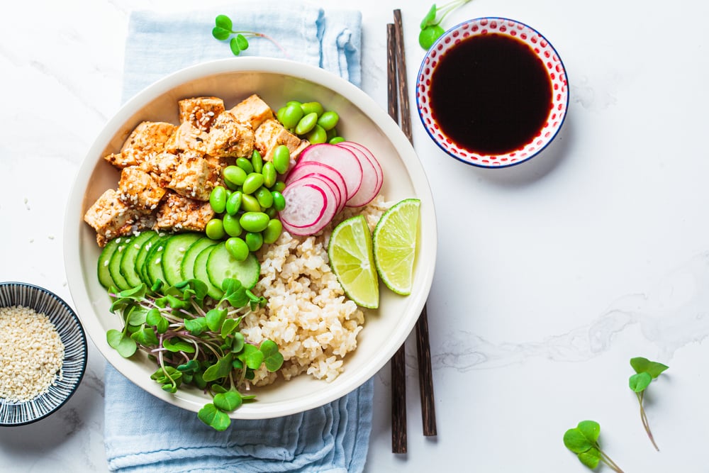 tofu, rice, beetroot, edamame beans poke bowl