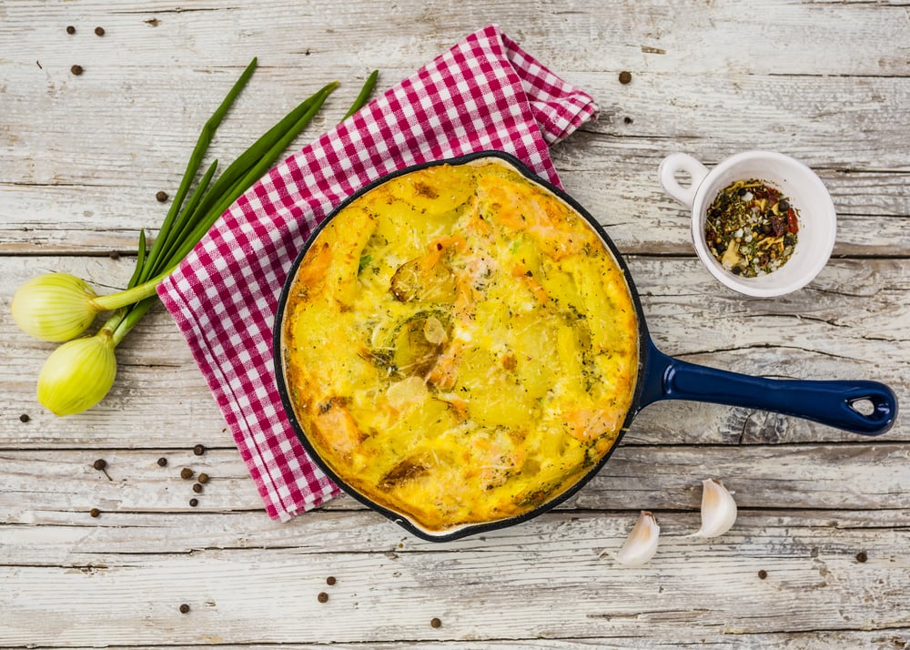 potato frittata on pan with checked tablecloth